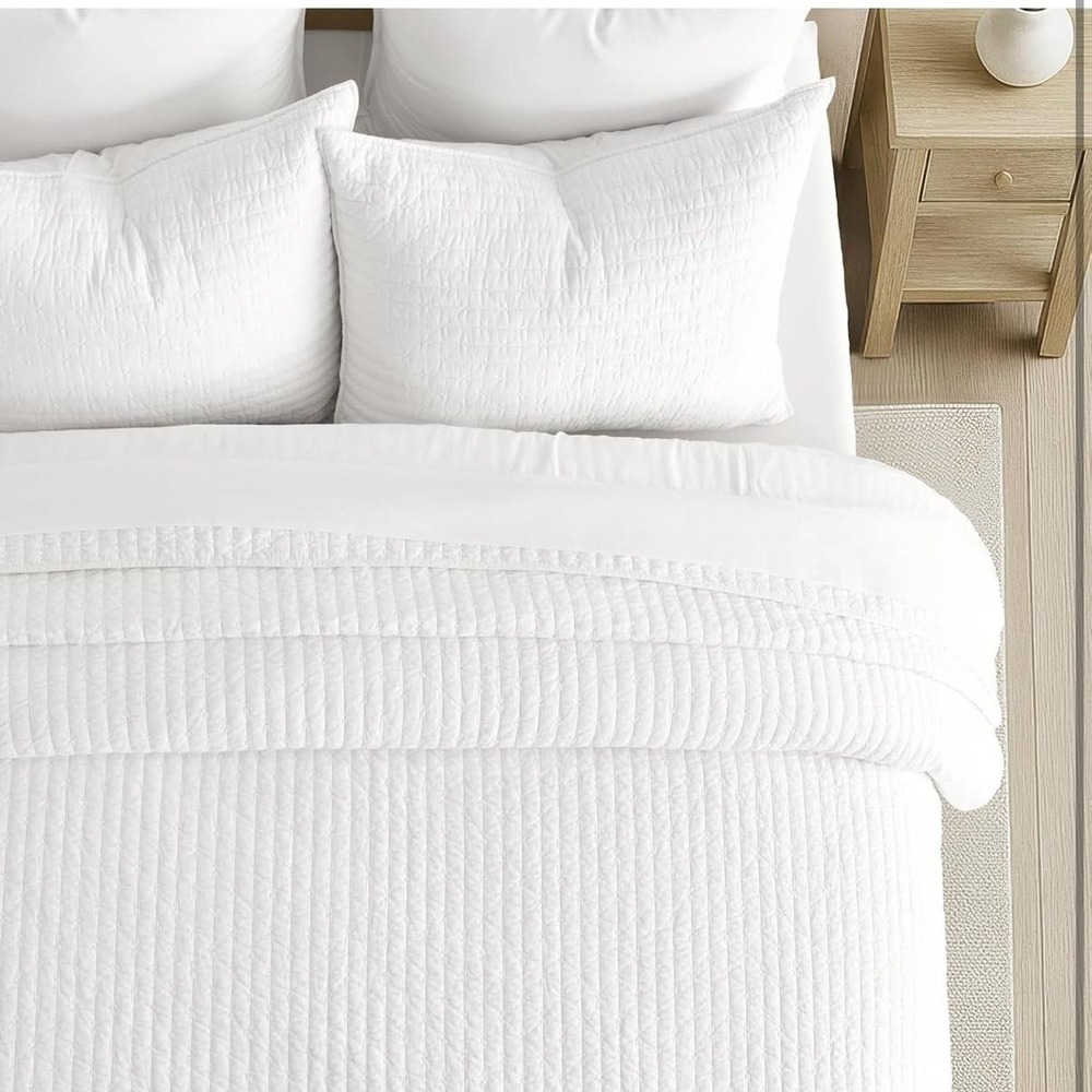 EverGrace Queen Quilt Set 100% Cotton Cross Stitch 3 Piece White Lightweight - Picture 4 of 11